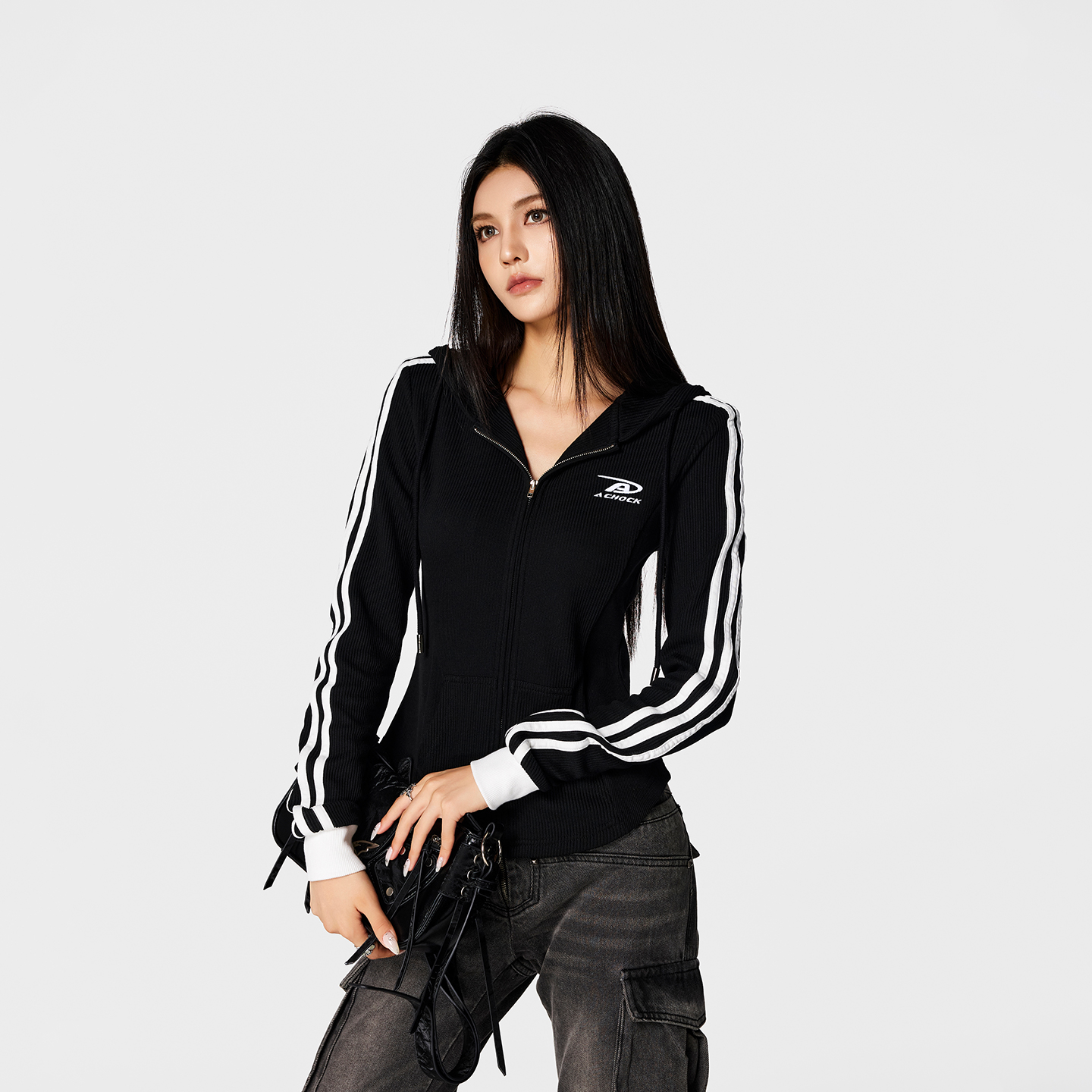 【Achock官方店】美式条纹拼接针织连帽卫衣开衫女款修身显瘦外套