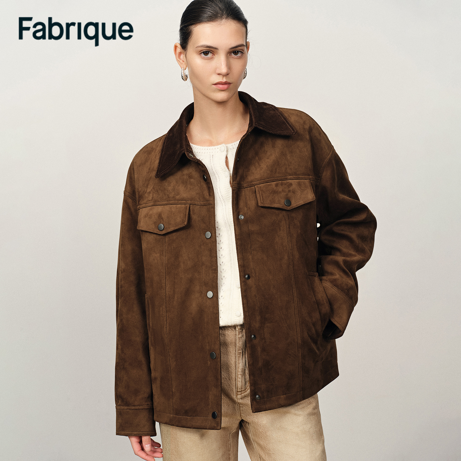 Fabrique Bella 秋冬摩卡棕仿麂皮绒配绗棉内胆工装夹克棉服外套