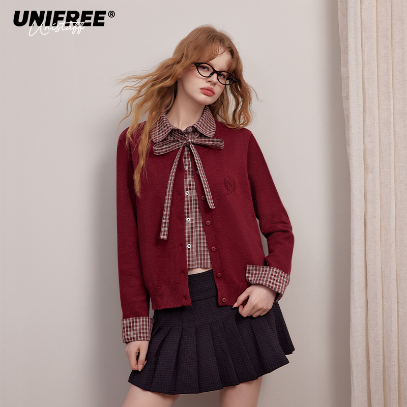 【芋总专属】UNIFREE酒红色毛针织衫百搭蝴蝶结U253N003B1Z1