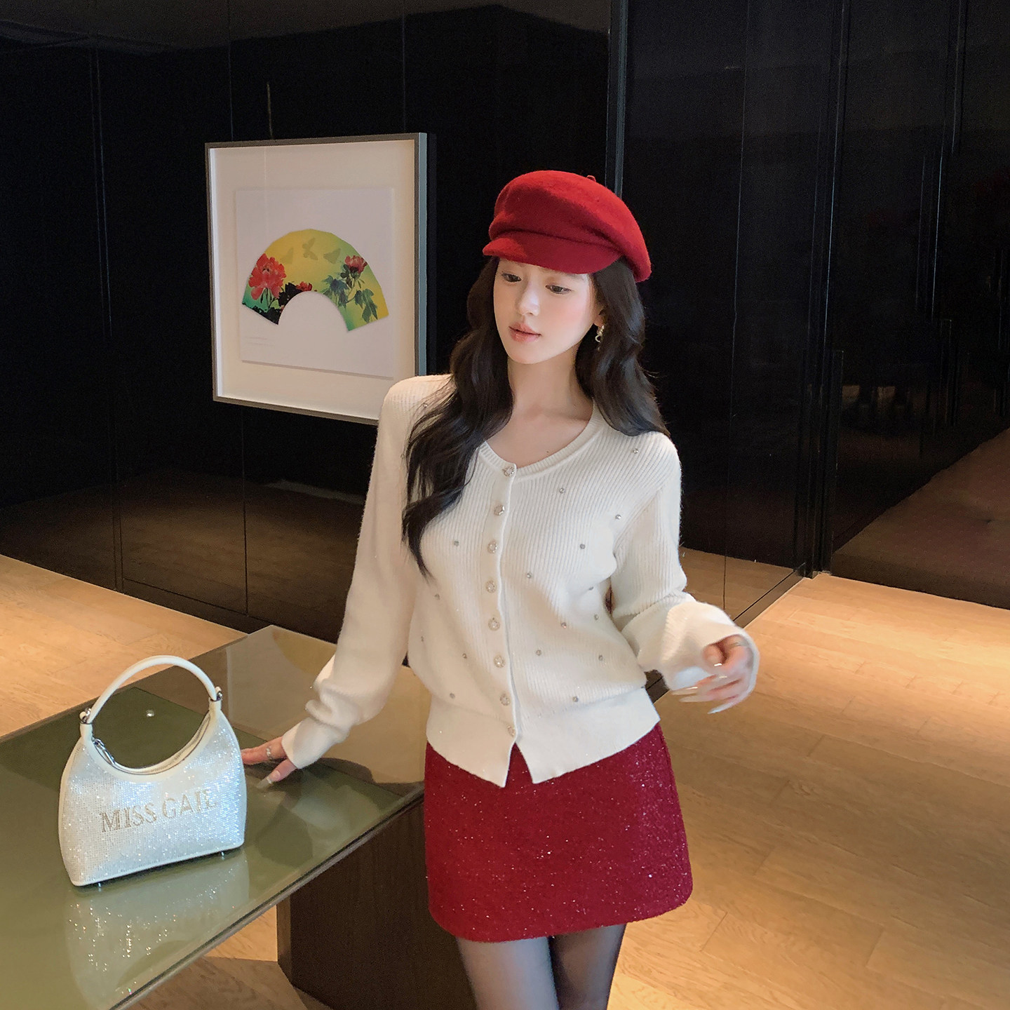 林关关【朱绫碎光】A字亮丝小香风半身裙