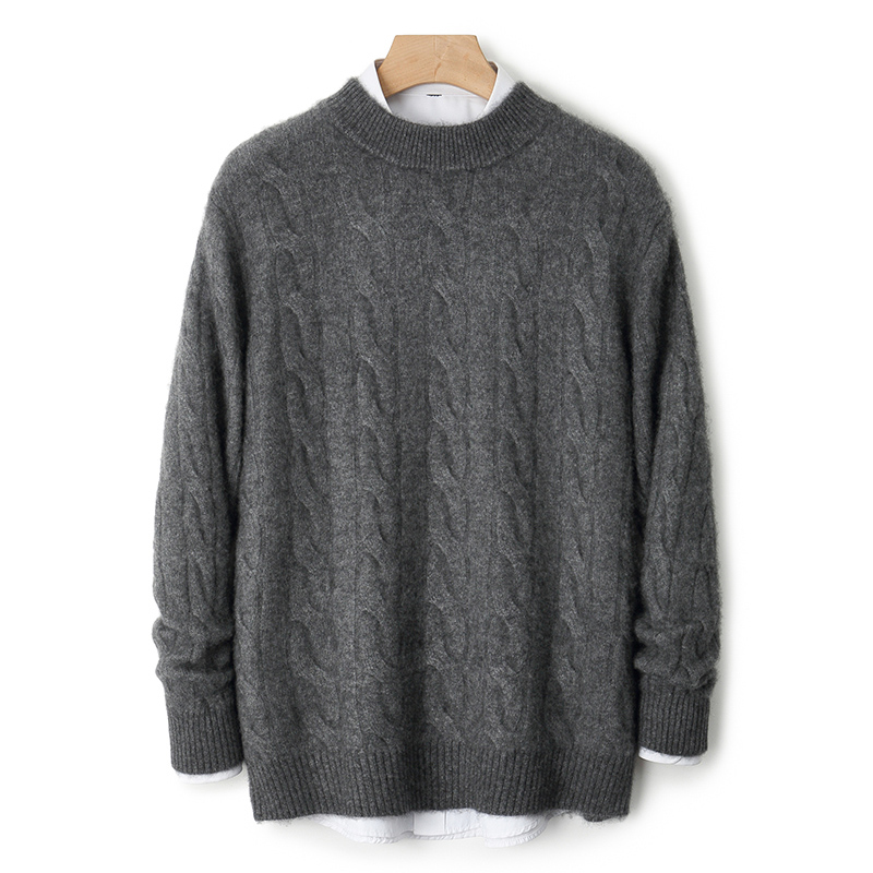 秋冬新款宽松男士圆领100%羊毛衫时尚休闲扭花毛衣套头羊毛打底衫
