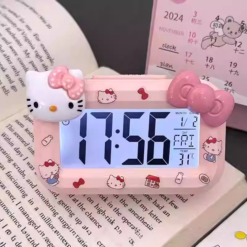 新款kitty猫迷你闹钟夜光床头时钟可爱便携多功能学生宿舍台钟zy