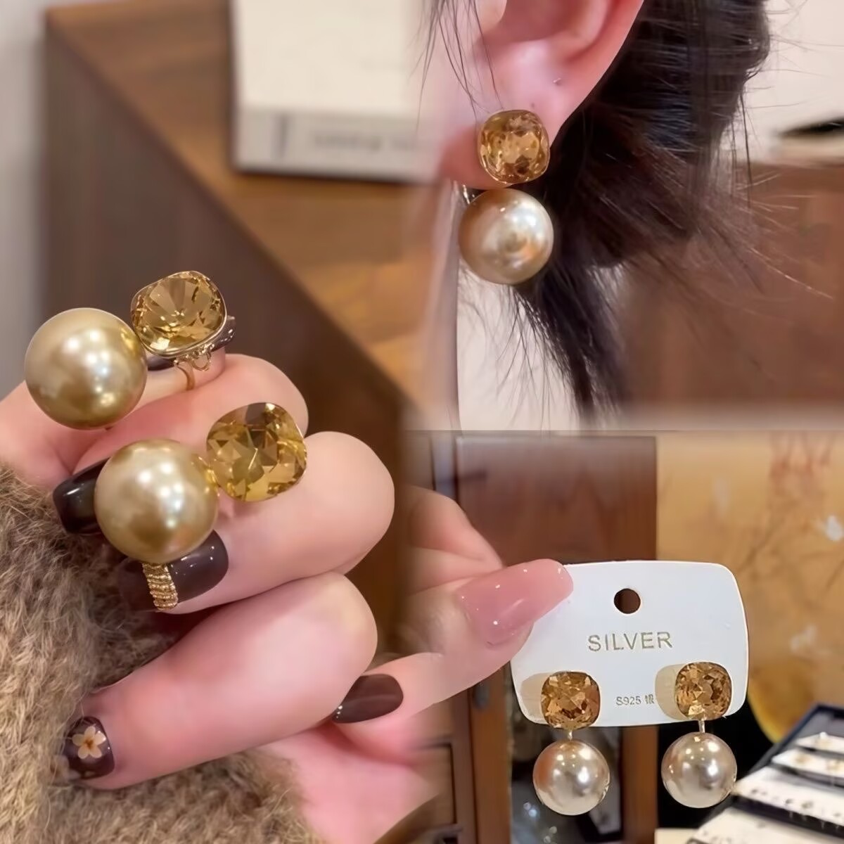 铜合金耳饰 美拉德方糖珠珠一款两戴香槟色珠珠耳环女-107