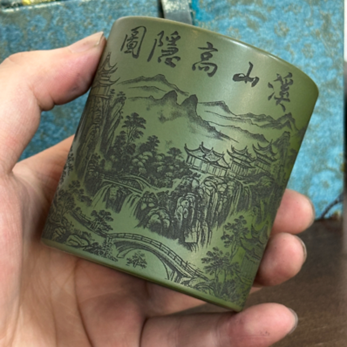 宜兴原矿精品溪山高隐图紫砂杯泥料家藏民国绿 容量170cc笔筒杯XY