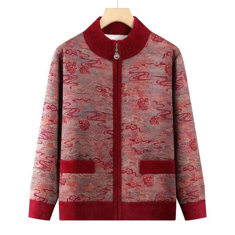 琪-中老年妈妈装加绒开衫秋冬新款加厚超保暖祥云花上衣7165