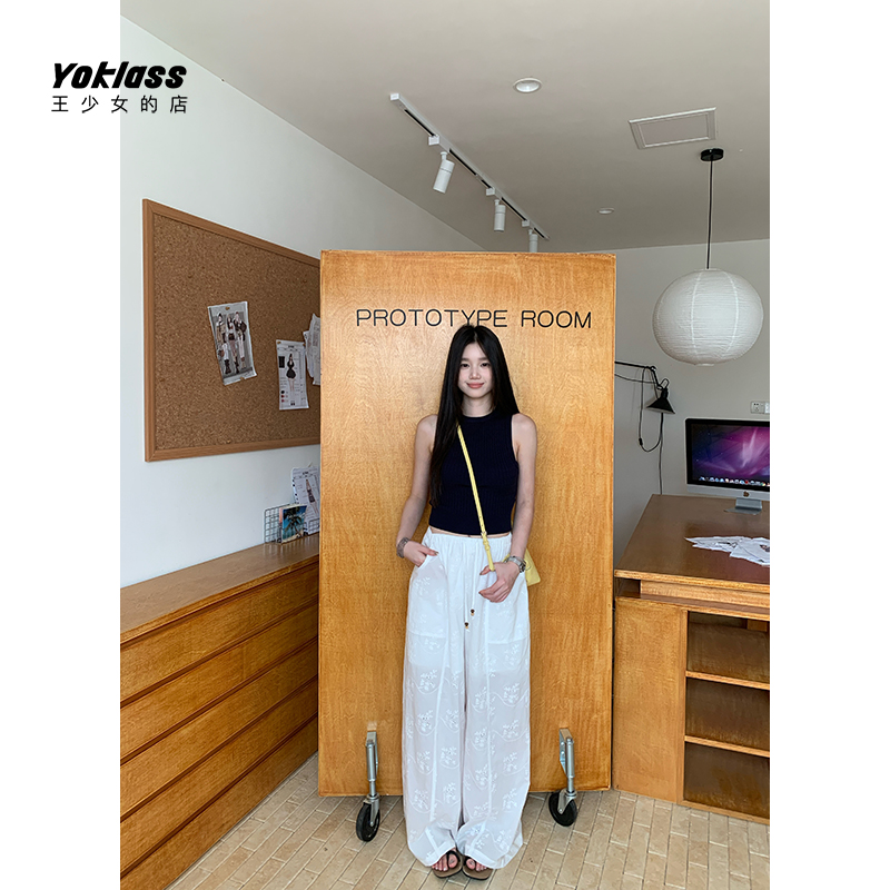 王少女的店 白色刺绣直筒休闲裤夏季时尚百搭长裤子 K36191S53