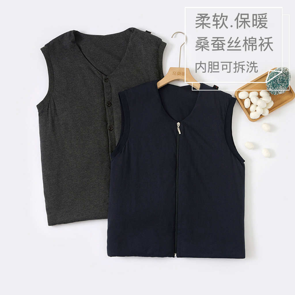 桑蚕丝棉袄冬 中老年棉衣男士马甲保暖衣可脱卸内胆