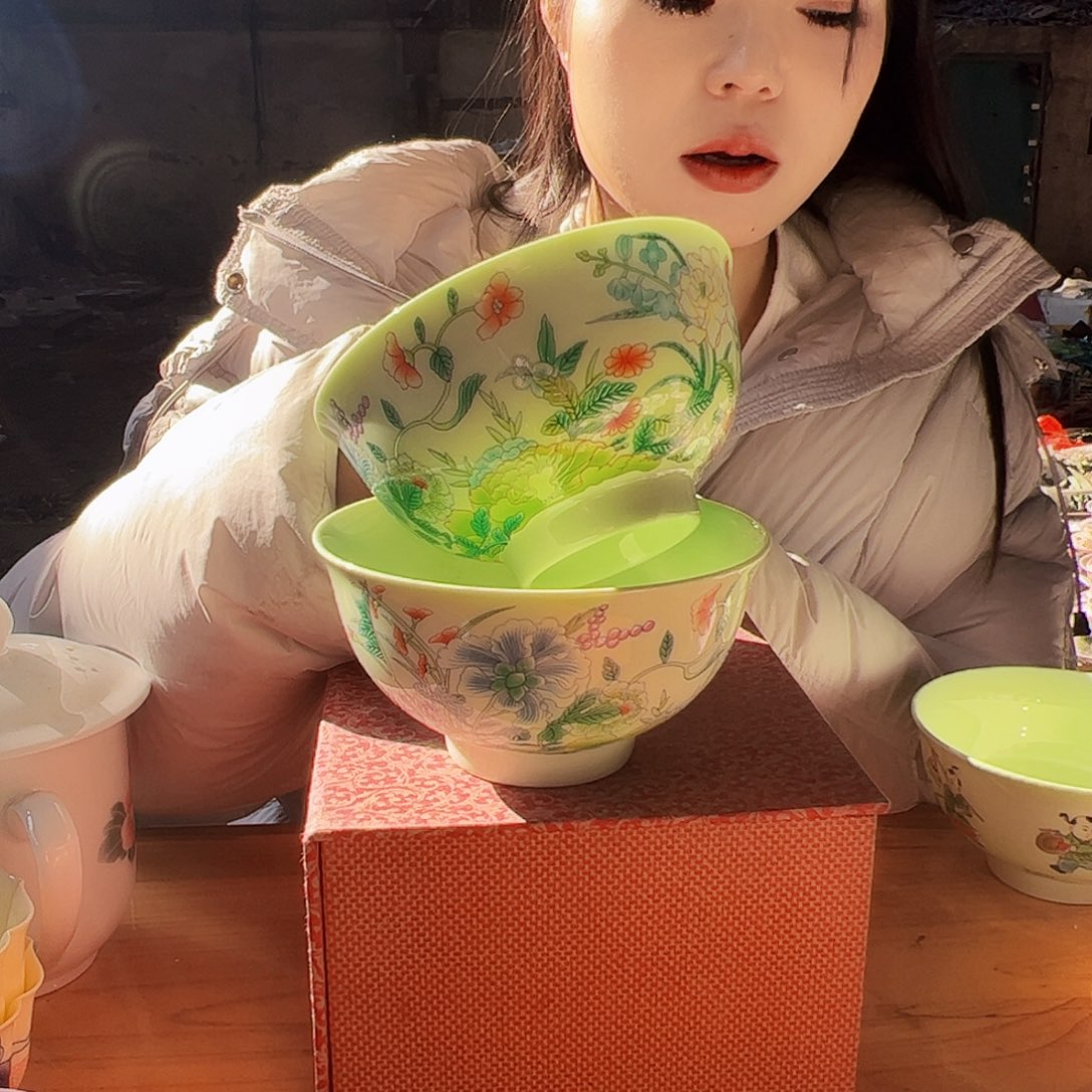 摆件陶景德镇绿xixi花卉碗2个