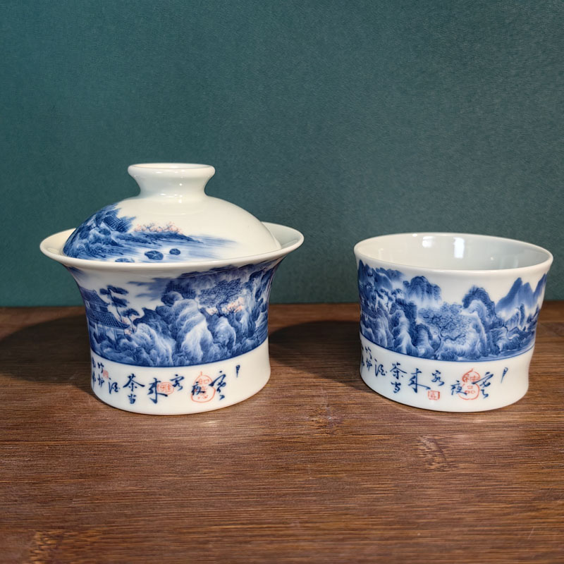 寒夜诗意图山水盖碗景琳藏青花山水两才马蹄泡茶碗山水主人杯茶杯