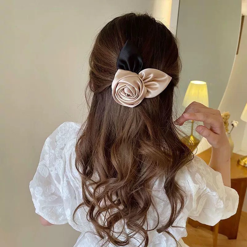 优雅气质缎面玫瑰后脑勺简约弹簧夹子头饰品韩国高级感发卡2344
