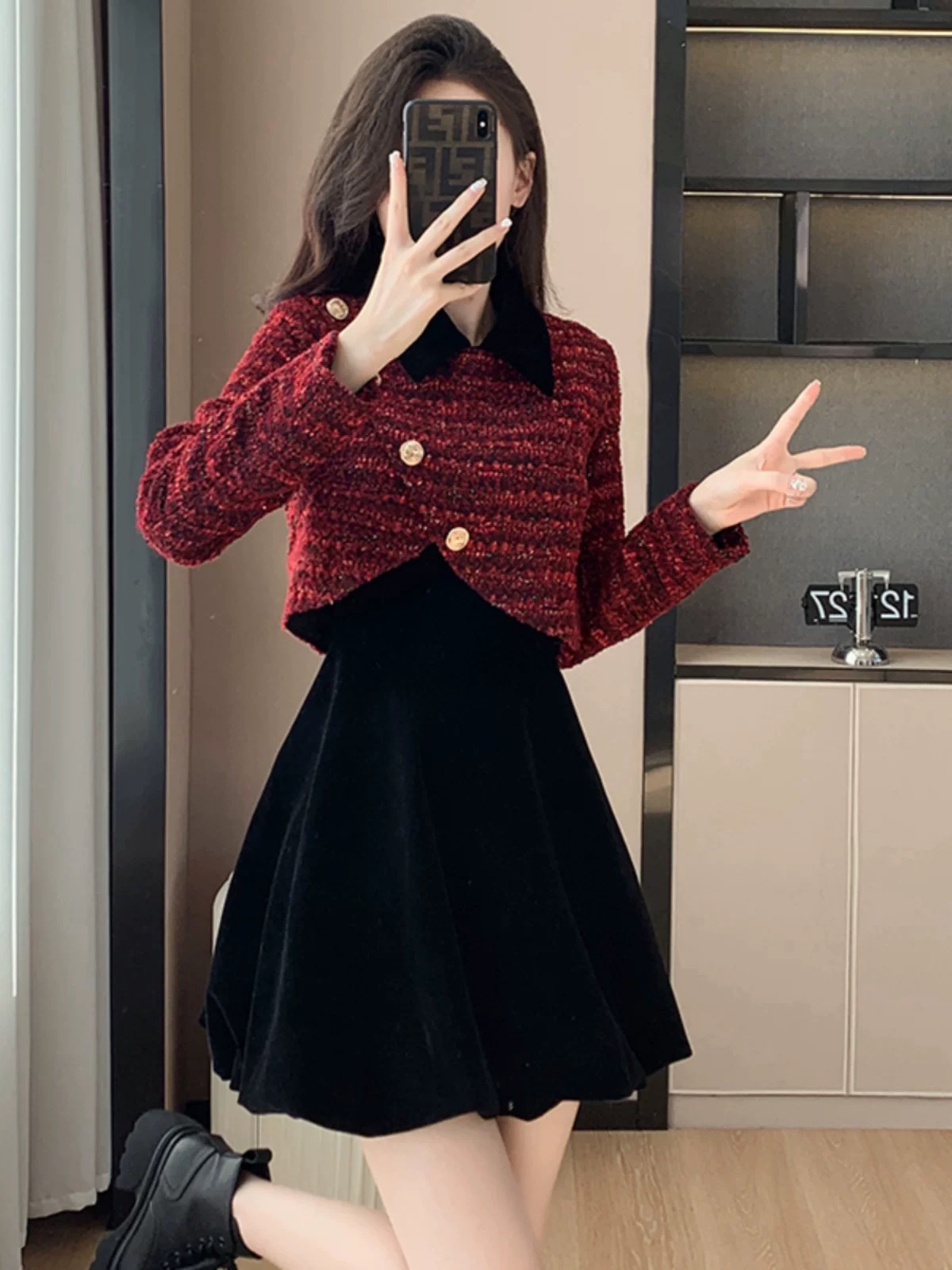 小香风粗花呢连衣裙女秋冬小洋装新年圣诞红千金花苞裙两件套8283
