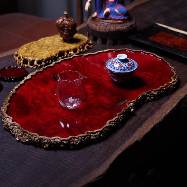 60-35-2.5 缅甸黄金樟干泡茶盘家用缅花壶承满榴花茶具整块实木