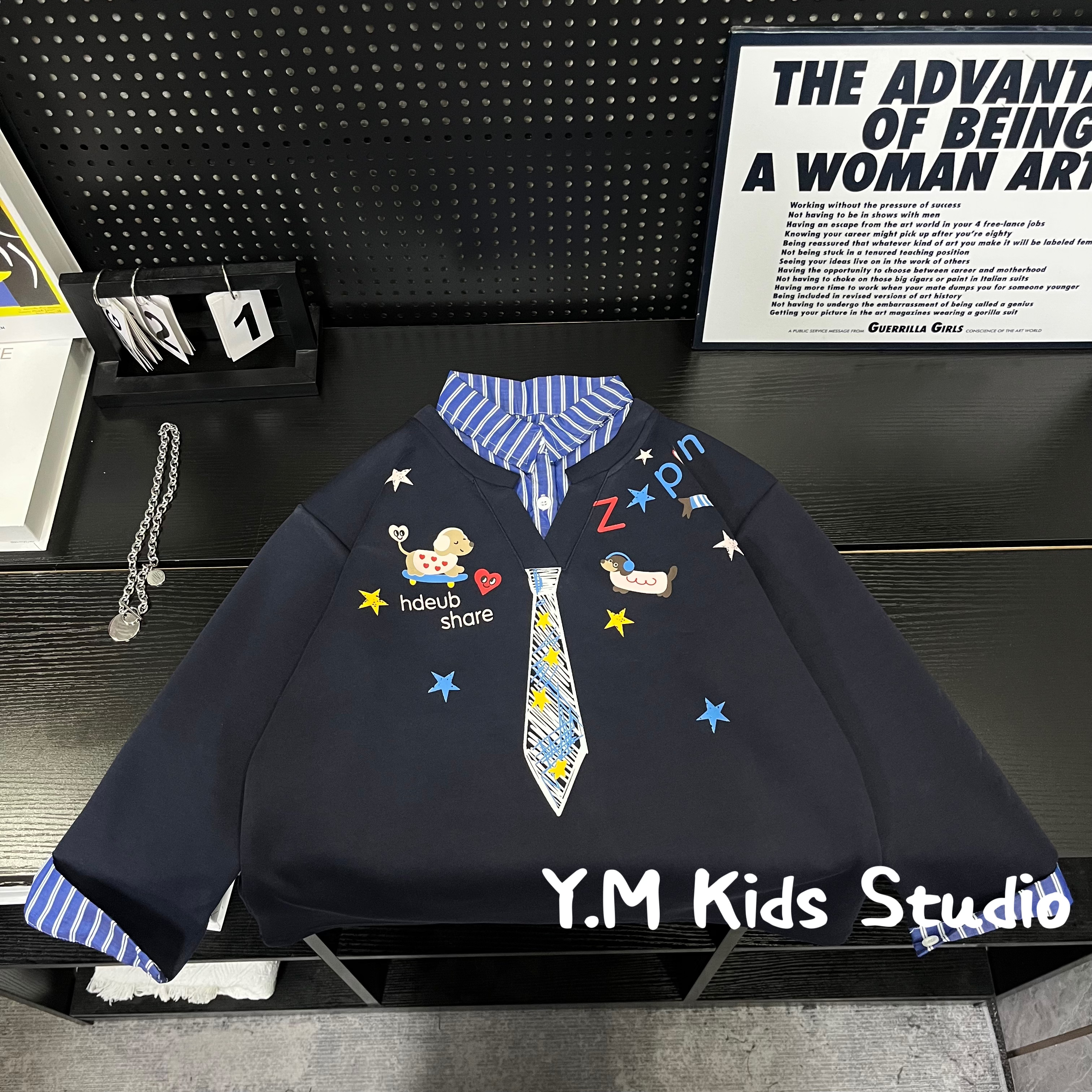 【Y.M KIDS】2025秋季新款儿童假两件卫衣领带印花设计男童潮流百搭