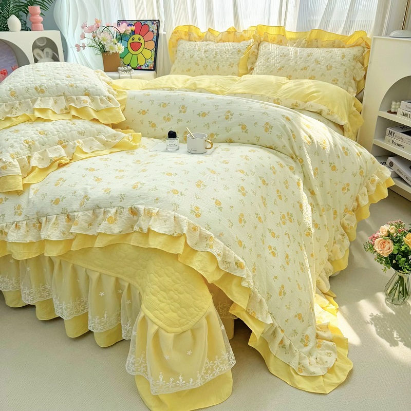 ins风小碎花夹棉床盖四件套软糯蕾丝双花边被套学生宿舍三件套