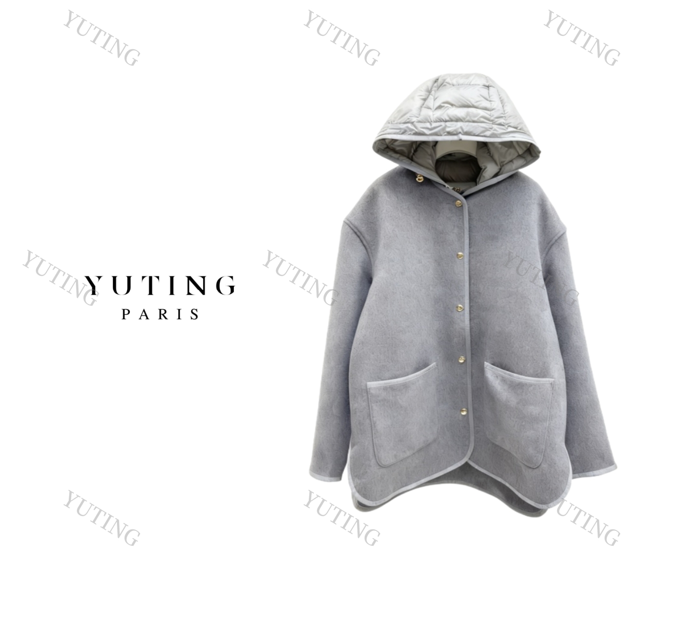 YT 25SS新款圆领双面羊毛呢大衣搭配连帽马甲两件套 