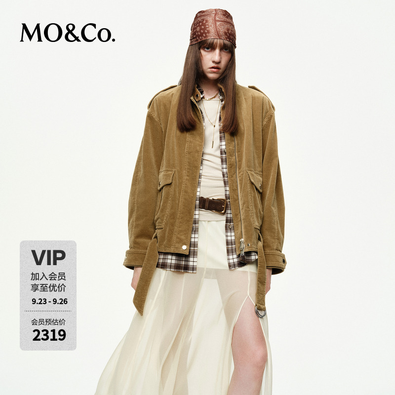 MOCO夹克2025秋新品灯芯绒工装外套波嬉风立领附腰带MBE3JKTT06