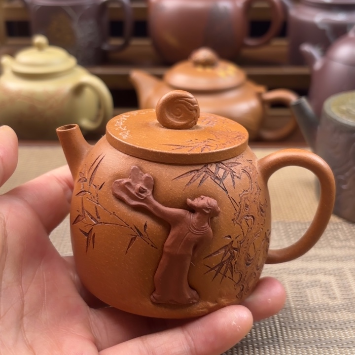 栀***茶紫砂茶壶太白醉酒原矿黄降坡