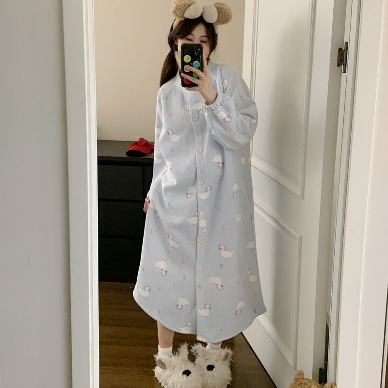 冬天保暖待产裙月子服产后冬季空气棉喂奶哺乳睡衣孕妇睡裙睡袍