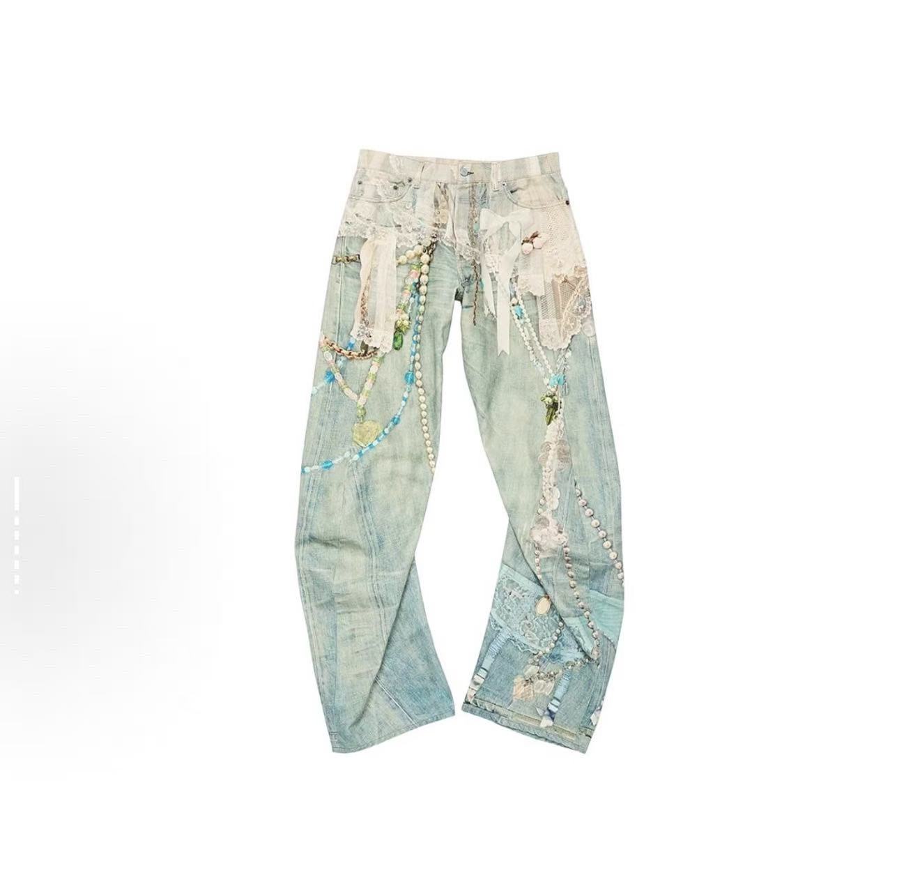 未使用 maje 18283 3D 珍珠链条牛仔裤 Acne