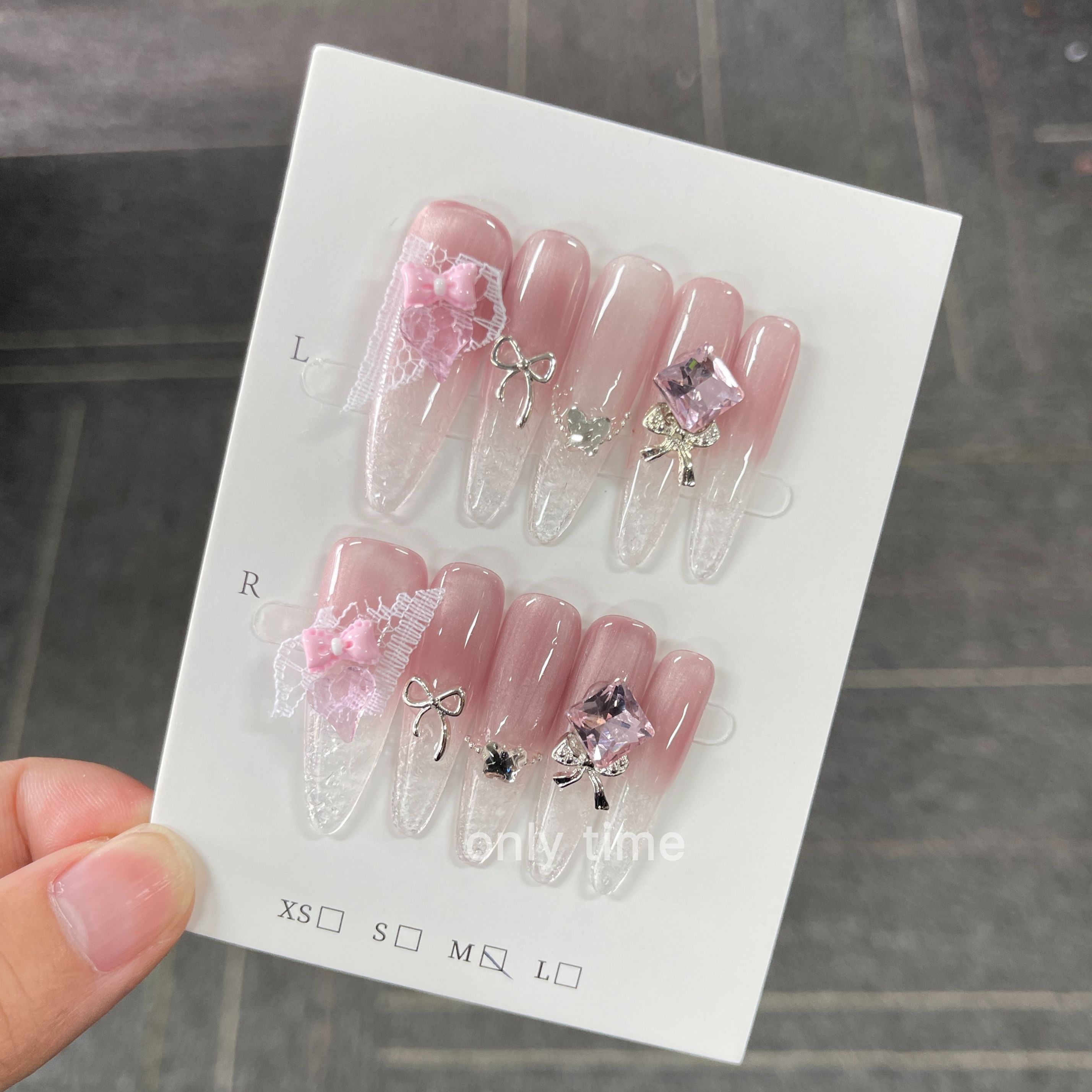 【蝴蝶碎碎冰】春季新款法式清新蝴蝶结美甲闪钻纯手工穿戴甲