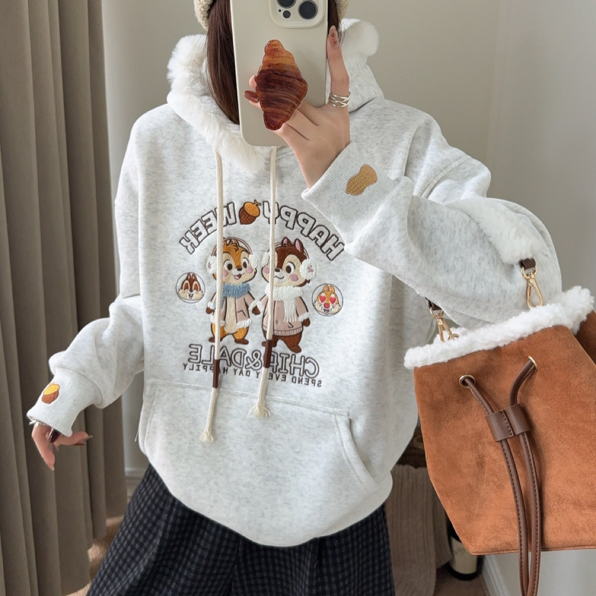 韩国东大门冬季新款加绒加厚奇奇蒂蒂毛毛领连帽卫衣韩版宽松百搭