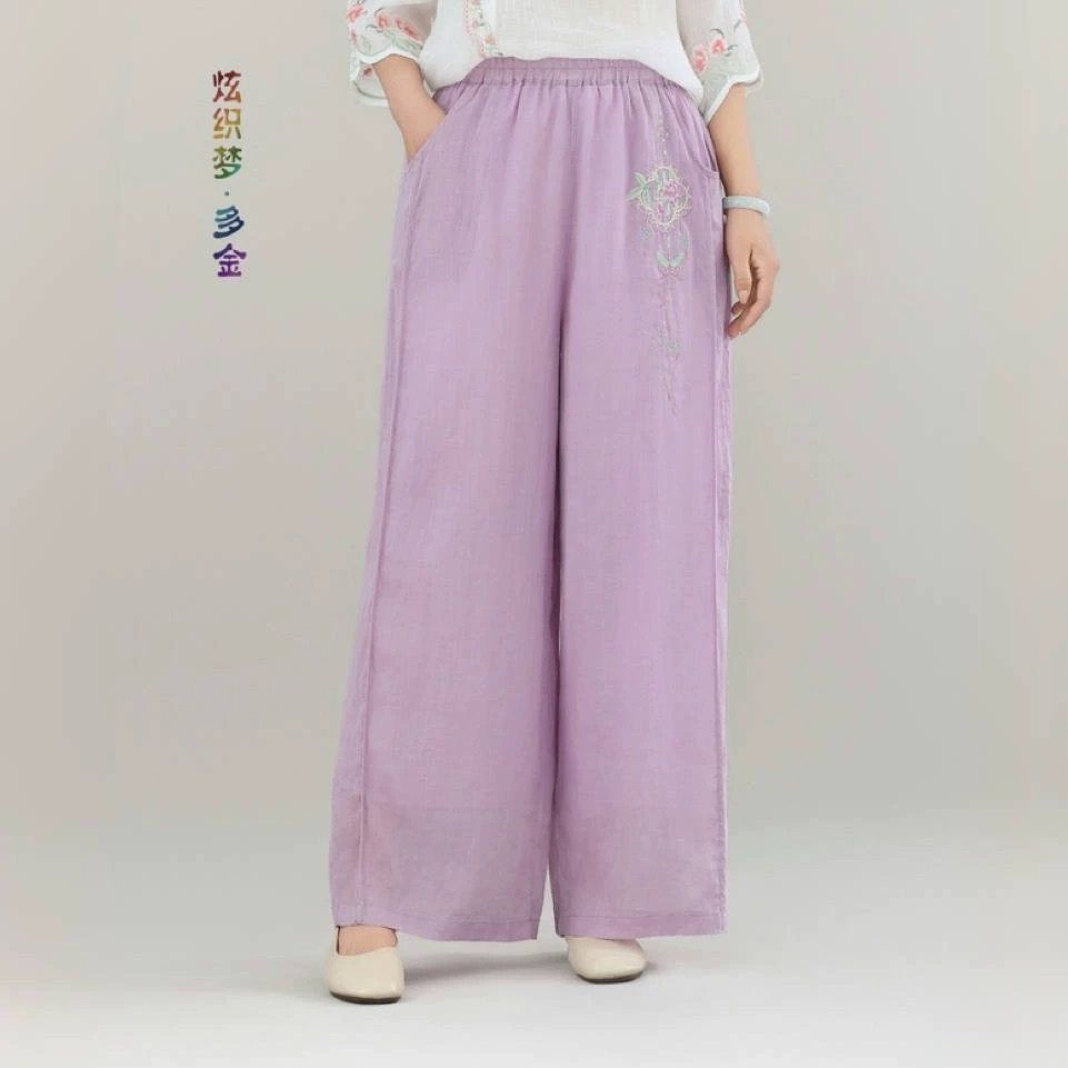 炫织梦多金国风苎麻裤子重工刺绣风铃花夏季松紧腰中式阔腿裤 