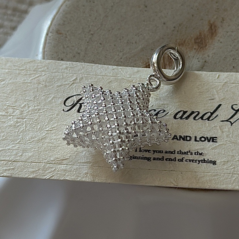 吊坠925银 S925银韩版小众设计3D网格简约吊坠五角星复古时尚侧坠