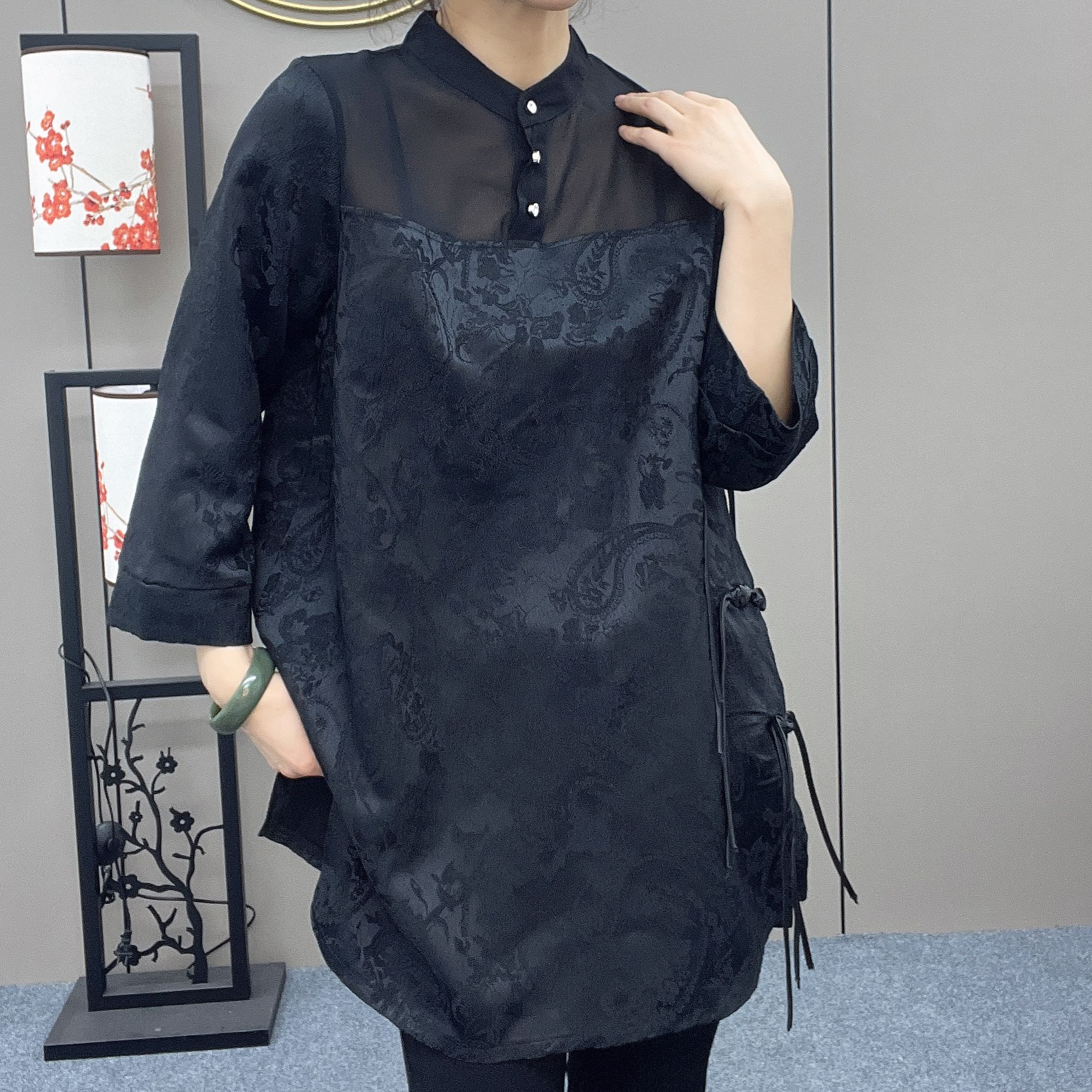 三姐家2025春款新中式提花拼接立领纽扣小衫