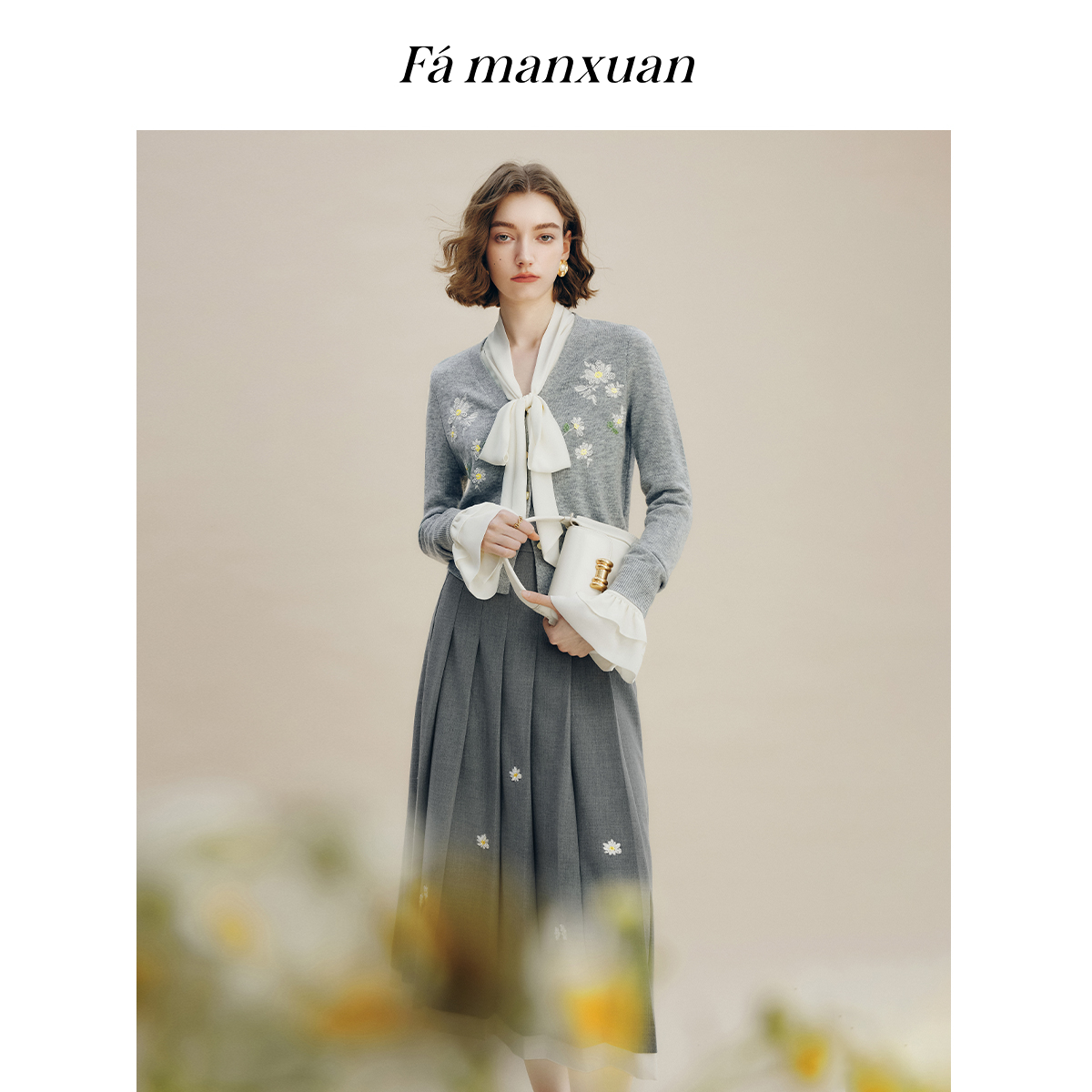 【安迪专享】法曼萱法式绵羊毛刺绣小雏菊针织开衫女2025上衣