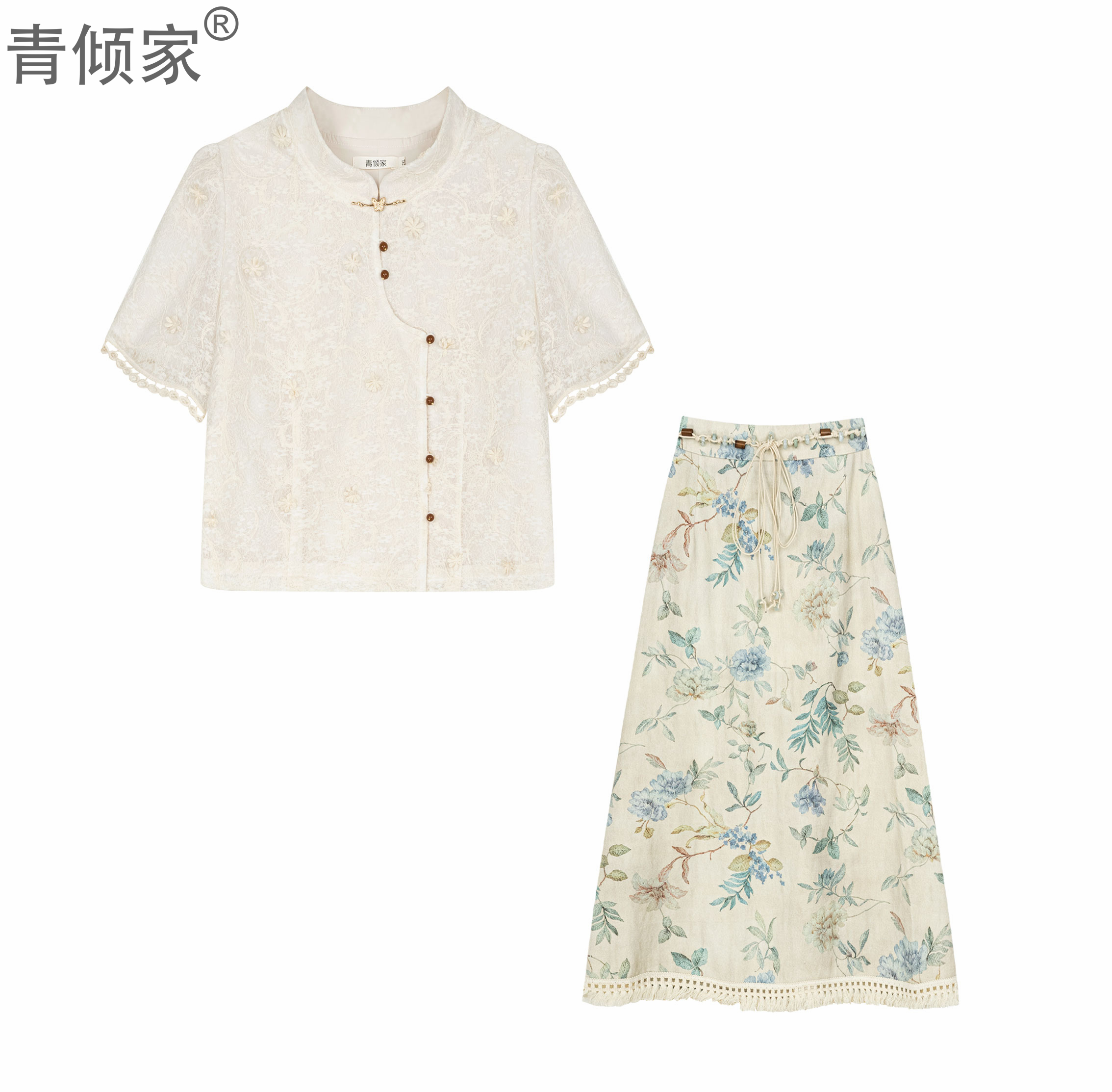 青倾家【南风意浓】温柔风高腰显瘦夏季女大码设计碎花套装