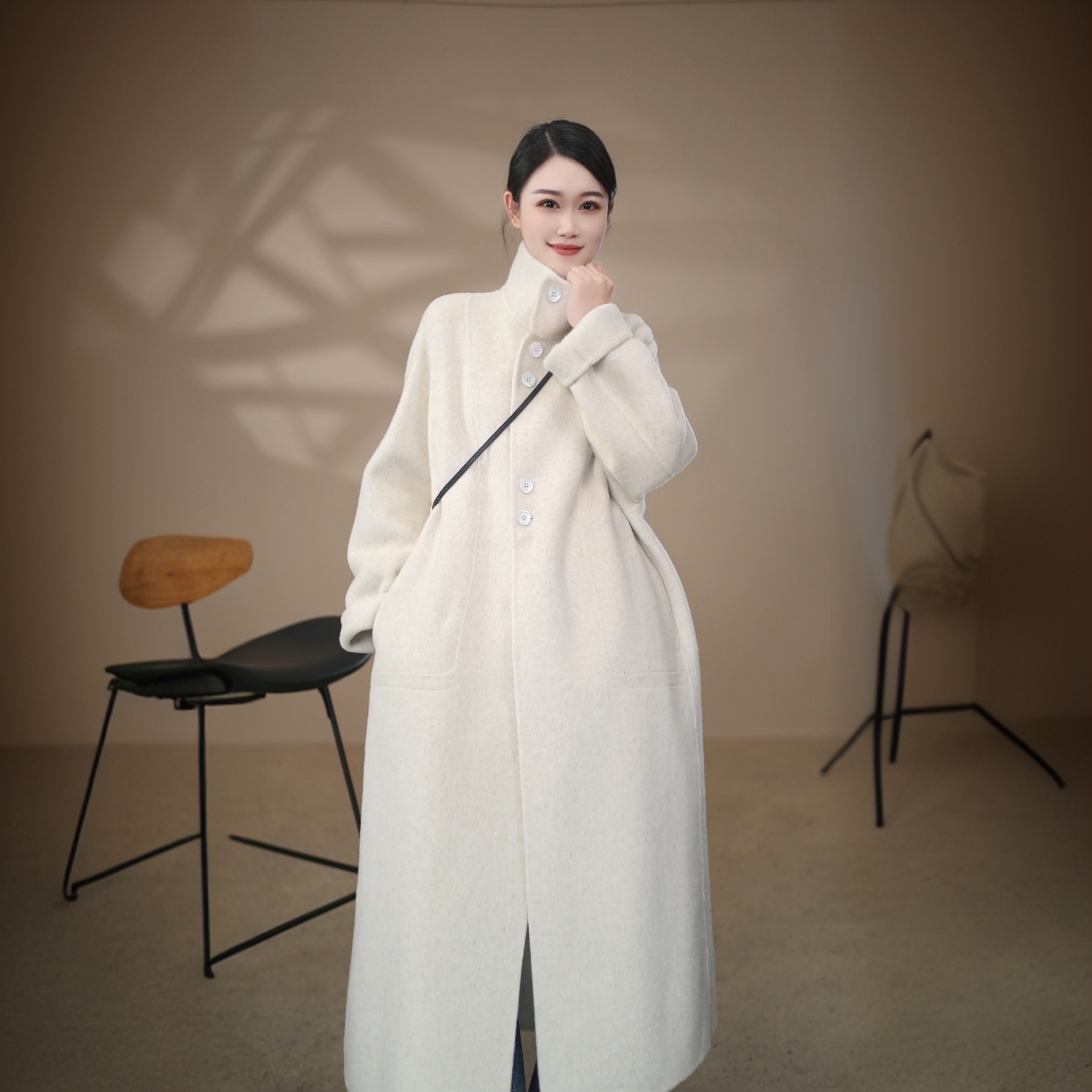 大旭小立领款秋冬宽松简约立领单排扣毛呢大衣5522