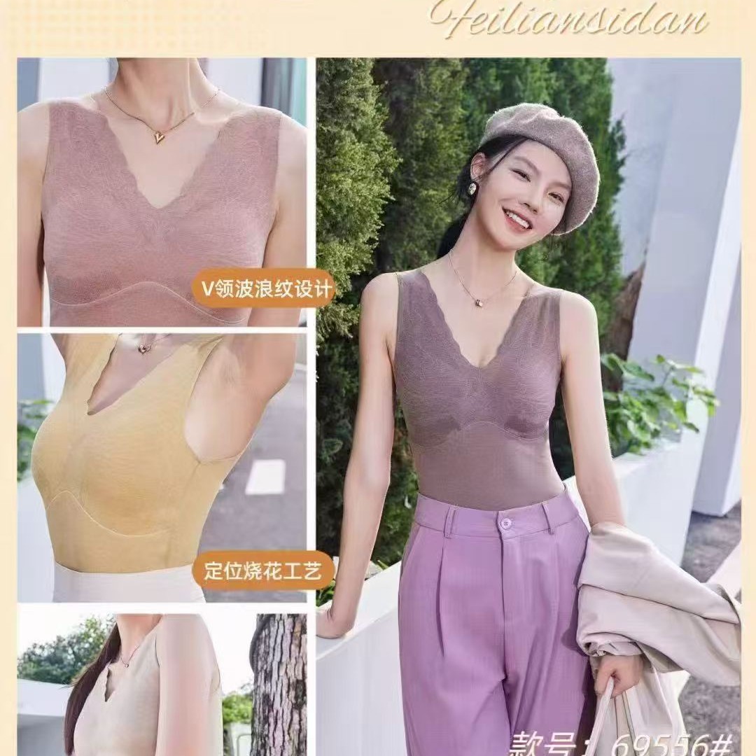 性感V领蕾丝保暖背心磨毛暖美背001