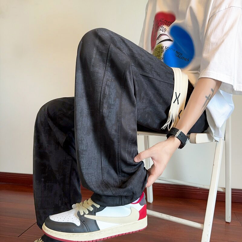 夏季冰丝扎染裤子男款垂感宽松休闲裤美式潮流直筒裤百搭新款长裤