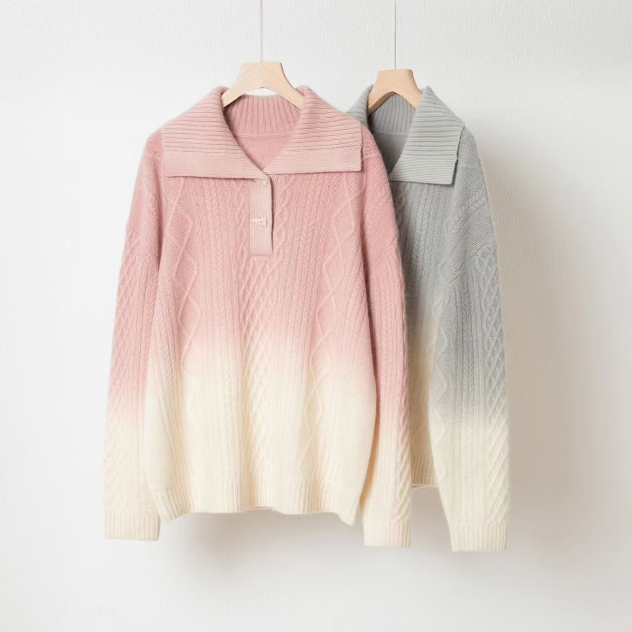 秋冬新款慵懒风渐变宽松显瘦长袖翻领针织衫H823