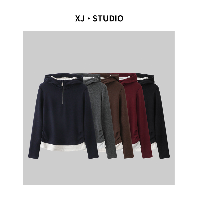 桑蚕丝羊毛秋冬季卫衣女2025新款假两件连帽长袖多色纯色