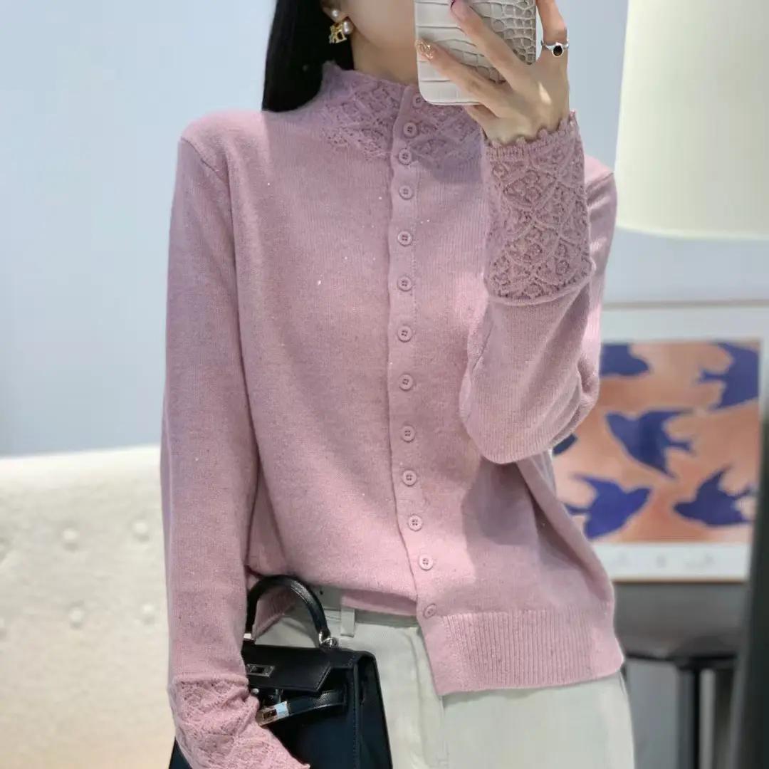 【蜜熊绒亮丝】简约时尚半高领单排扣针织开衫长袖镂空打底衫秋冬款