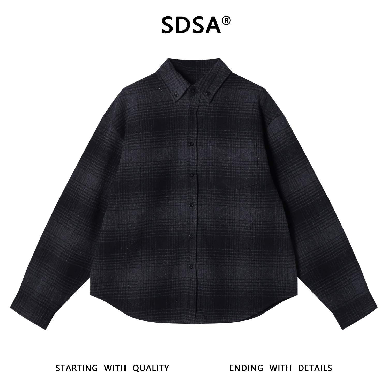 SDSA秋冬新款痞帅男装韩版撞色格纹纽扣翻领长袖衬衫百搭针织衬衣