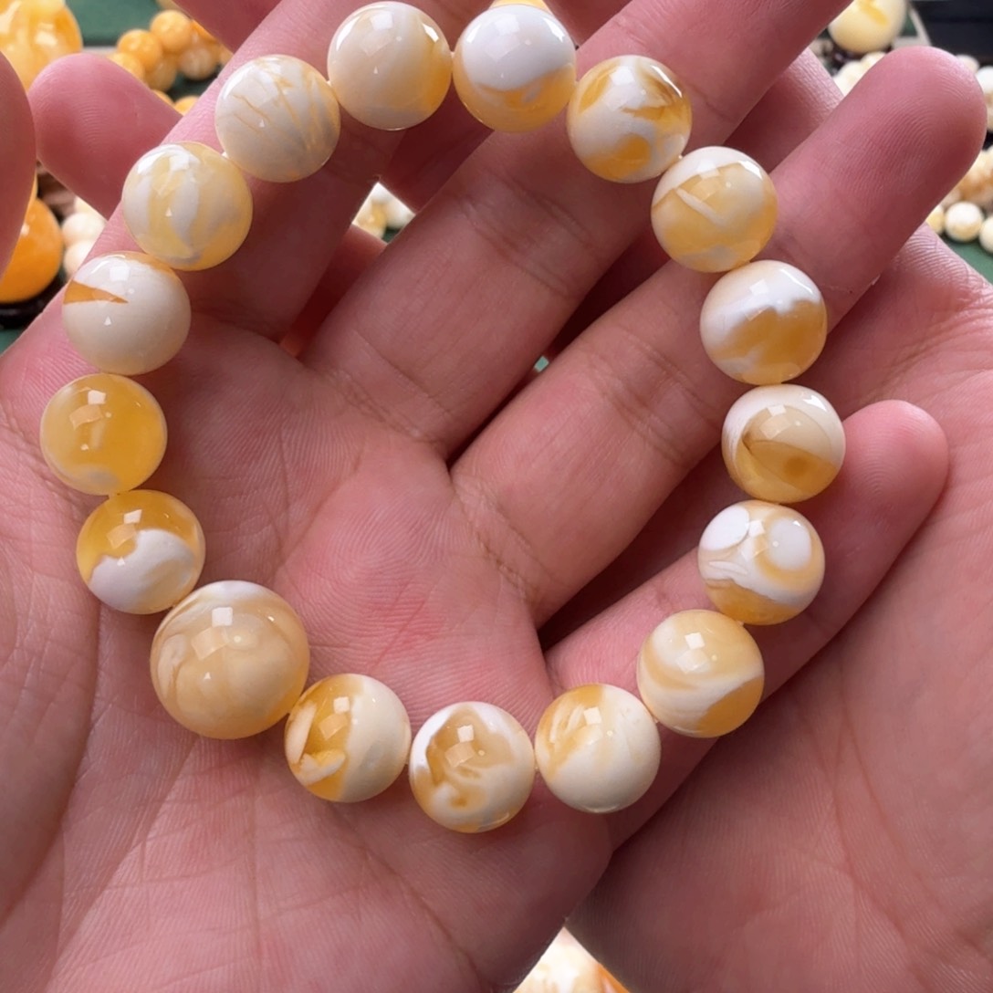 琥珀裸石未镶嵌金瓷白圆珠12m