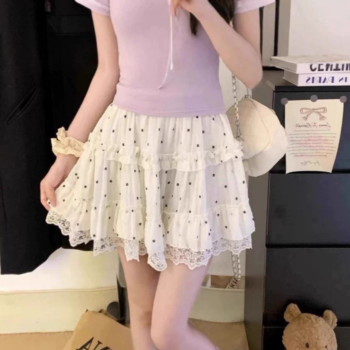 大大自制I韩系小众甜美蕾丝波点蛋糕短裙女百搭显瘦A字蓬蓬半身裙