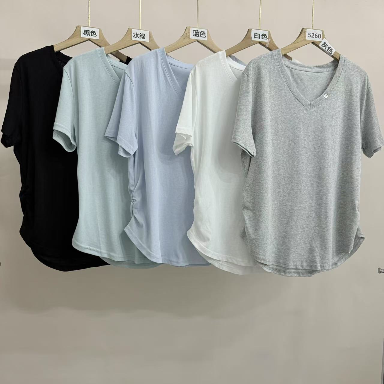 5260号#617#纯色百搭双侧褶皱v领休闲短袖T