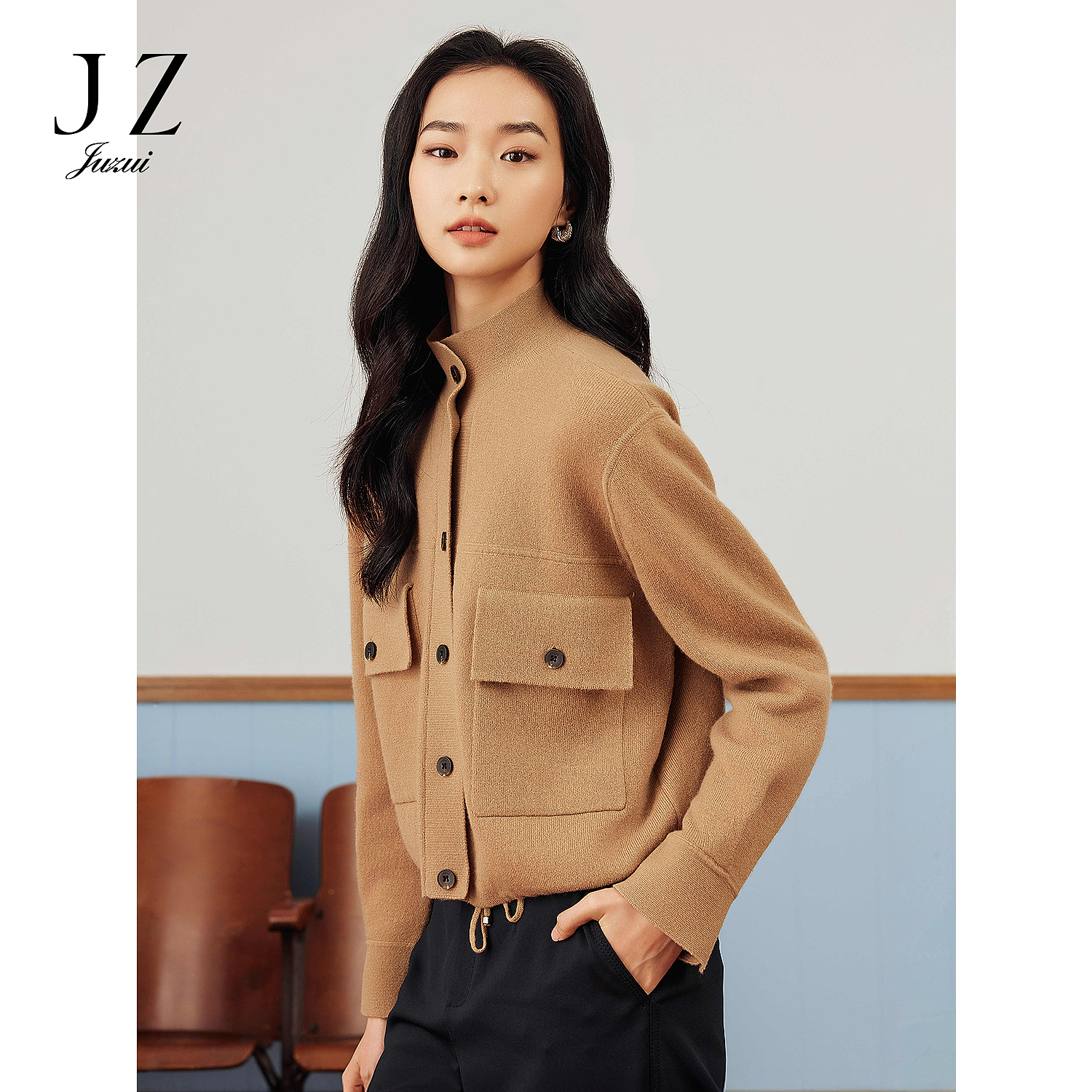 JZ玖姿商场同款率性立领羊毛针织开衫女2025新款JWFC30637