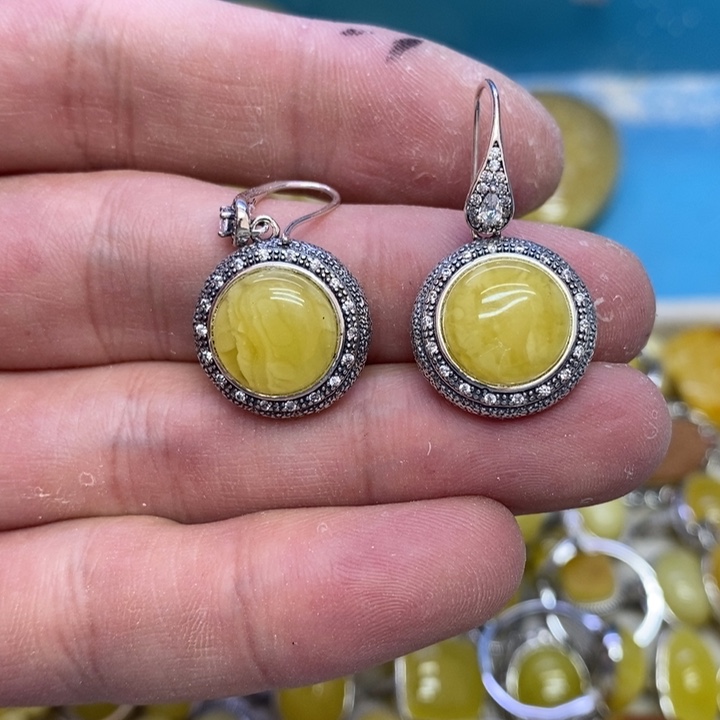 蜜蜡裸石银S925镶嵌耳坠