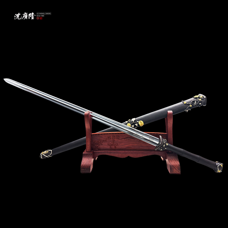 龙泉沈广隆-梅兰竹菊镜面 黄铜鎏金银 黑檀木 宝剑 未开刃