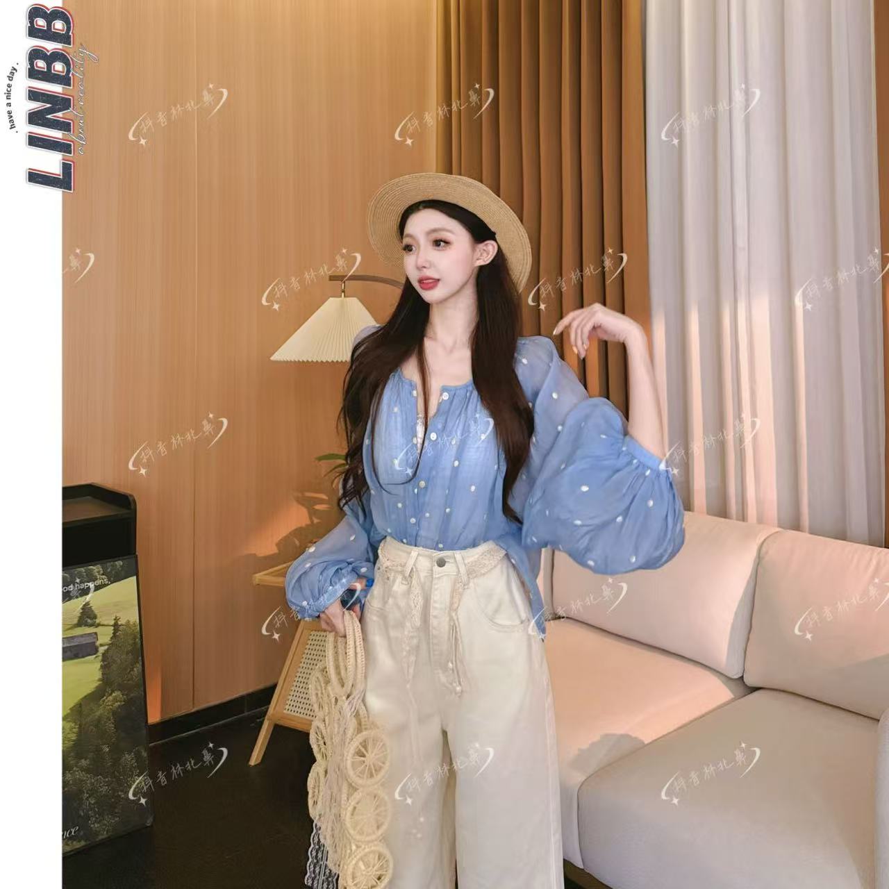 林北鼻-【杨枝甘露】韩单夏日冰丝刺绣波点防晒灯笼袖衬衫上衣