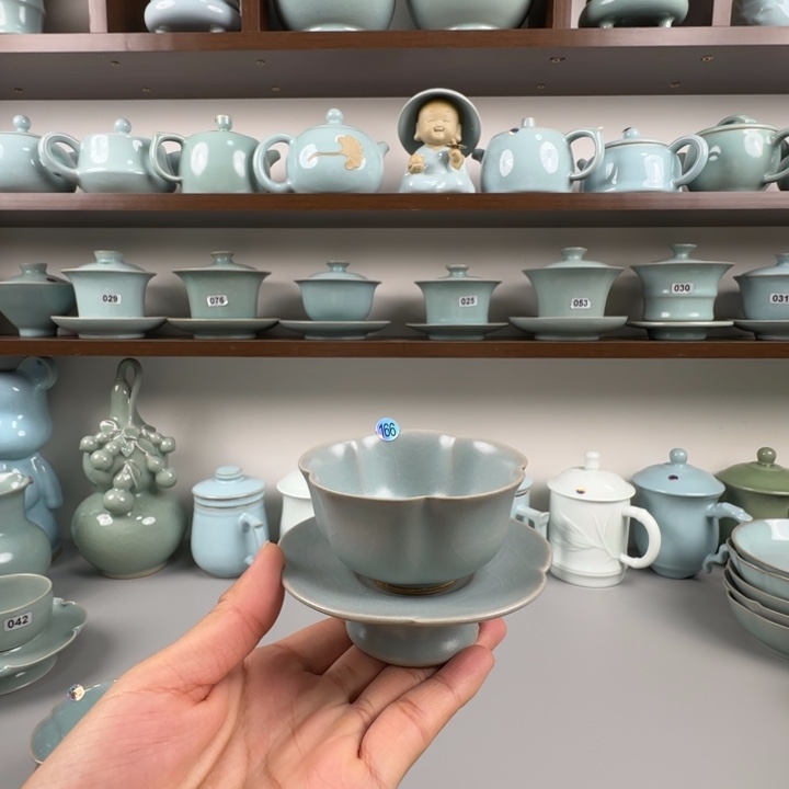 摆件汝瓷梅花杯套盏圈足烧仿古釉微瑕