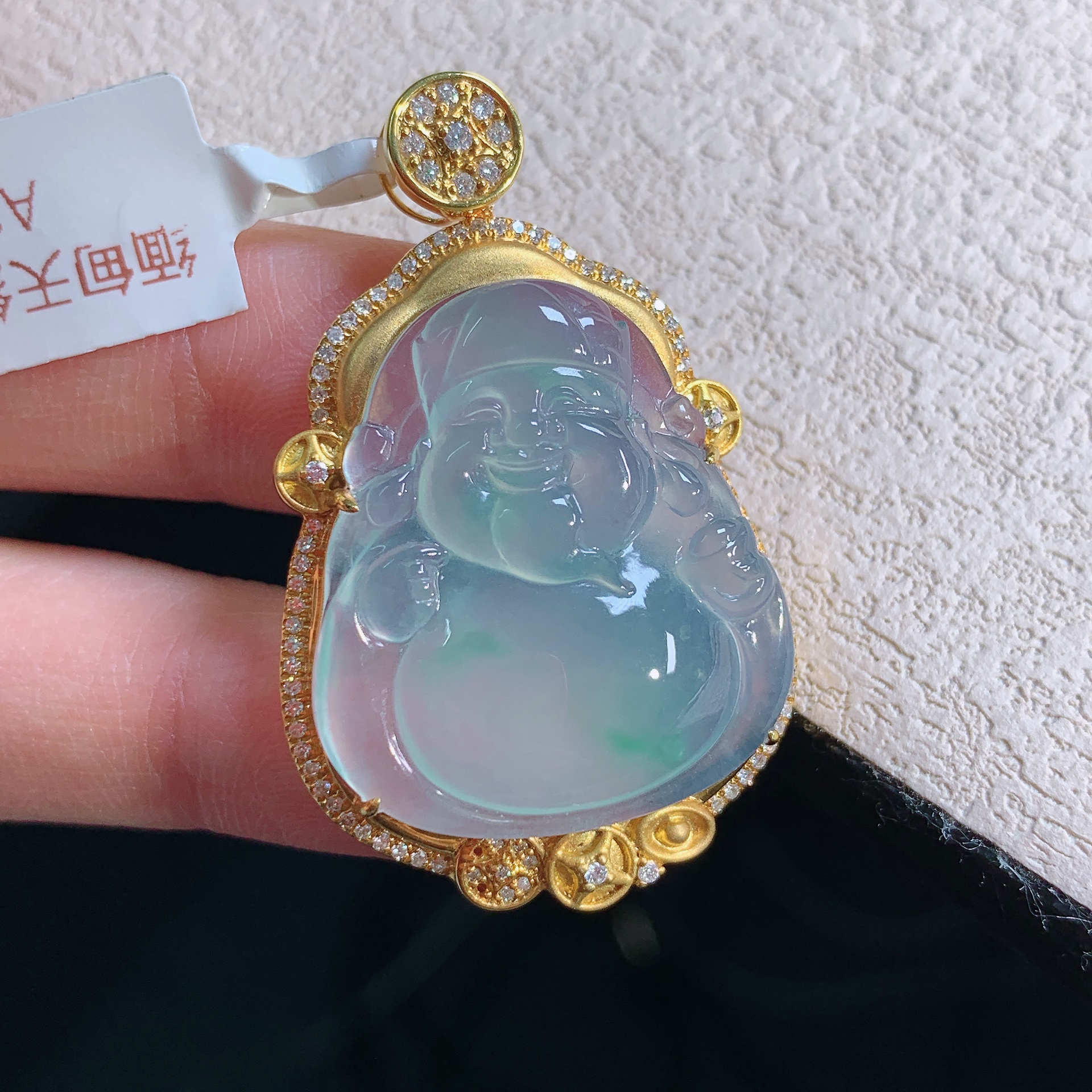 缅甸天然翡翠A货老坑冰种飘花财神怀古经典吊坠高品质精雕礼物