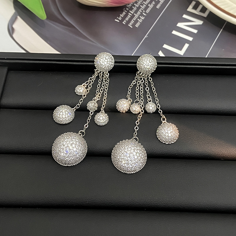 纯铜锆石耳饰 欧美夸张长款流苏球形耳环时尚简约小众设计耳坠