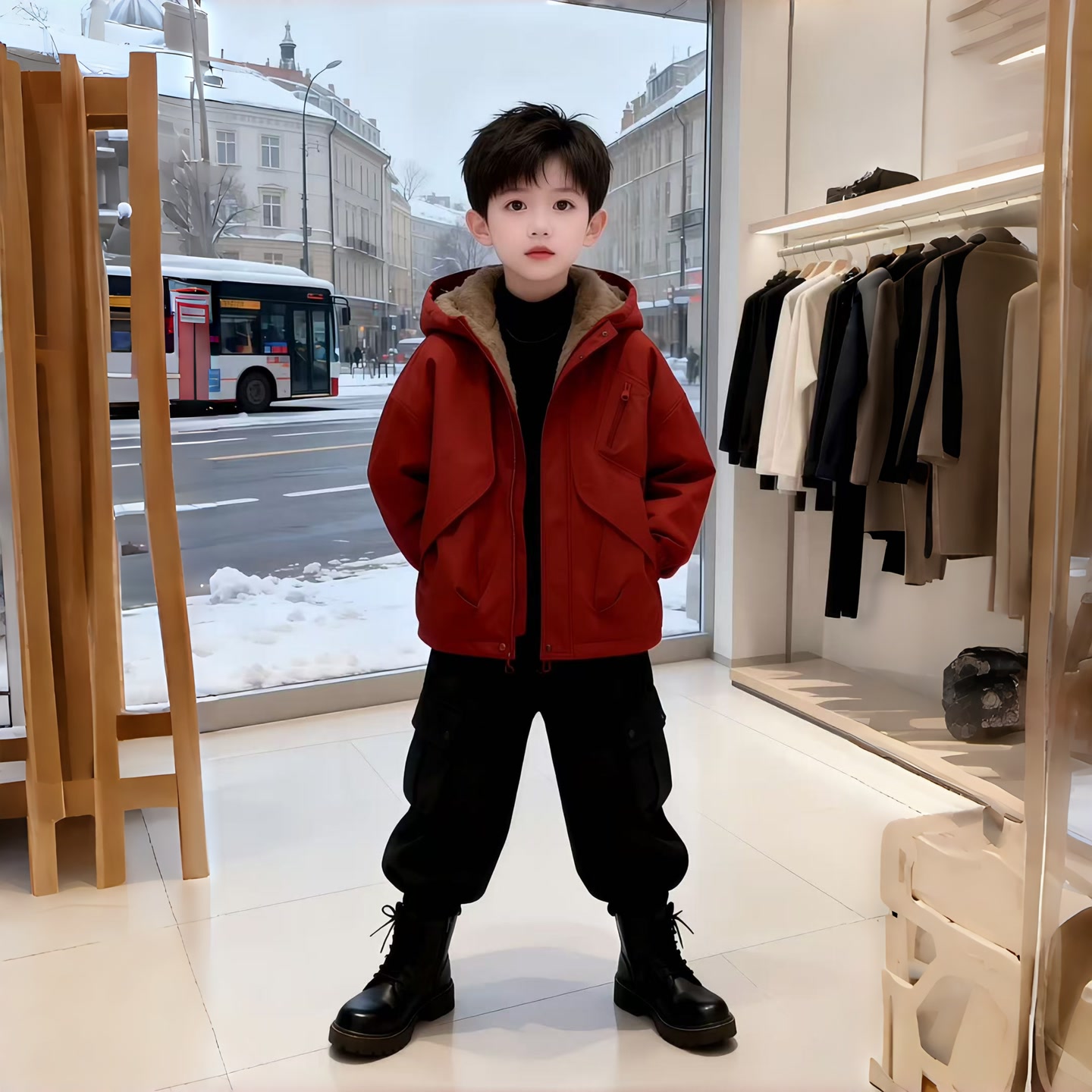 C男童2025中大童冬款新款加绒夹棉连帽冲锋衣派克服外套男加厚