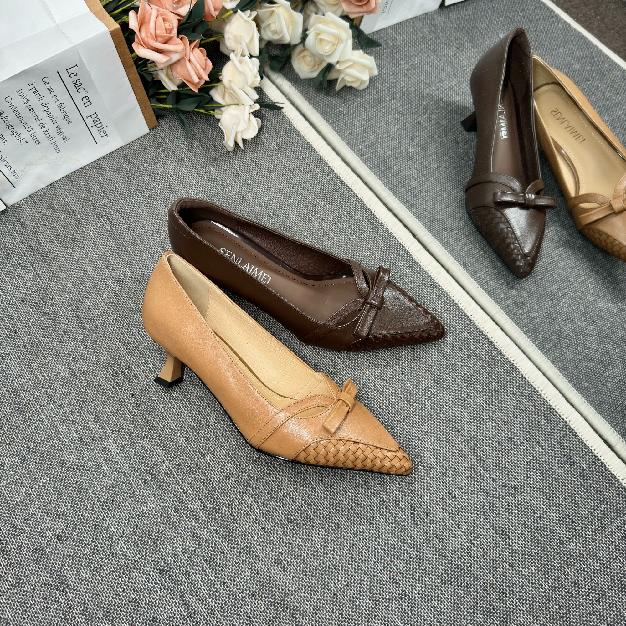 MQE【百搭款】SLM/牛皮/6CM/33-40/手工编织尖头细跟法式百搭女鞋