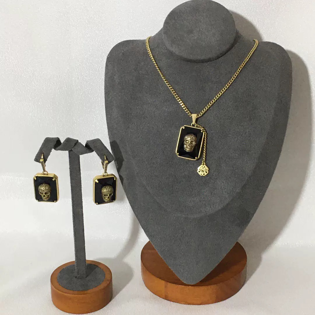 铜合金项链 项链耳饰套装M家方黑钻骷髅头欧美风朋克个性吊坠耳扣